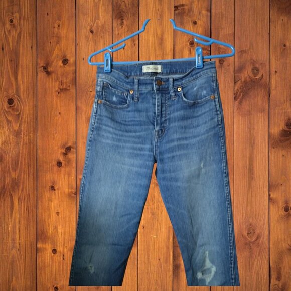 Madewell 9” High Rise Skinny Women’s Size 27 Blue Raw Hem Denim Jeans Distressed - Picture 2 of 4